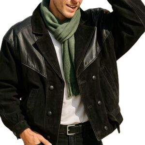 ADA Black Genuine Leather Vintage Suede Bomber Jacket for Men’s Retro 80s 90s